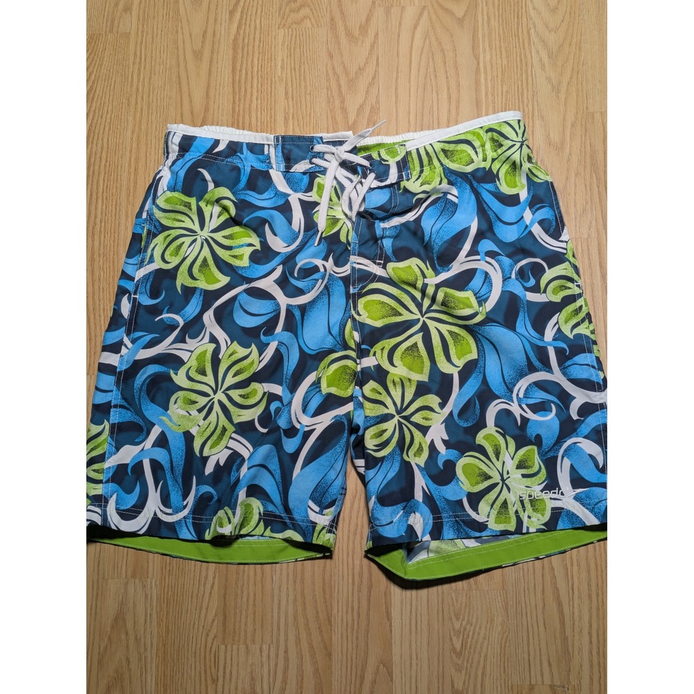 Speedo Mens Floral Hibiscus Swim Trunks Board Shorts Blue Green Medium